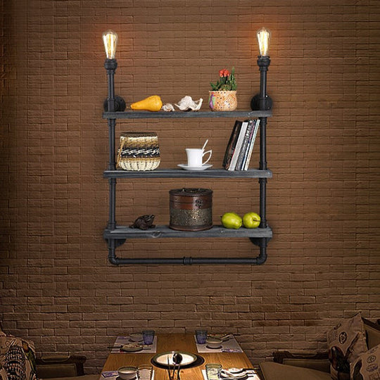 Loft Style 3-Tier Pipe Shelf Wall Lamp With Black Iron Finish And 2 Lights