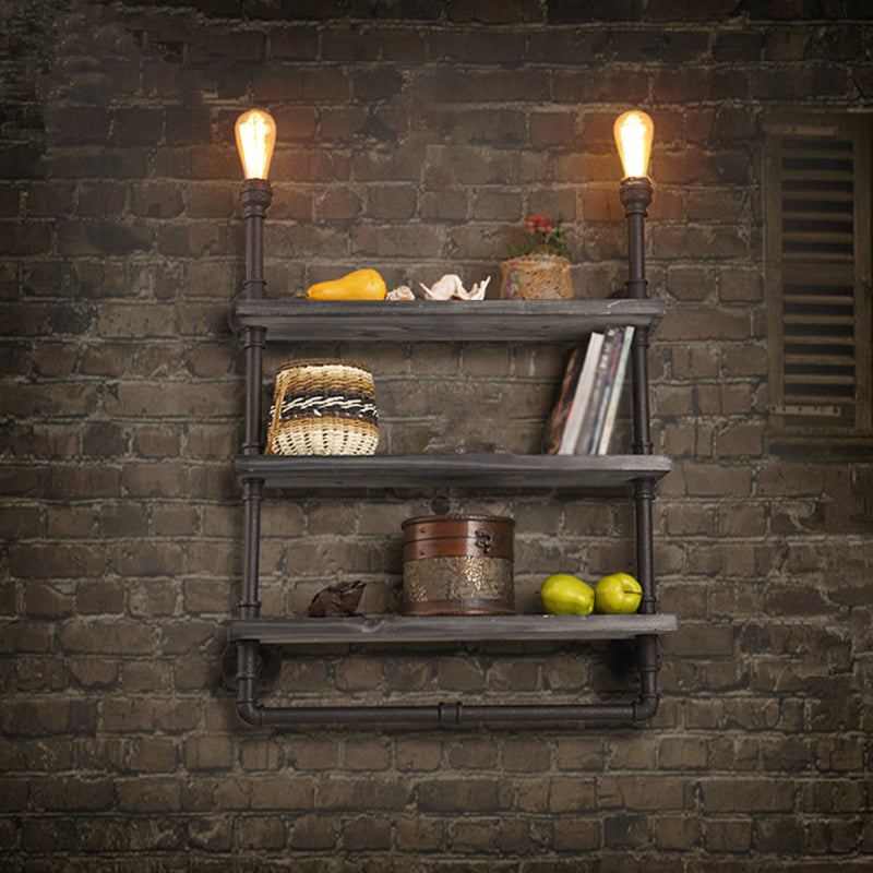 Loft Style 3-Tier Pipe Shelf Wall Lamp With Black Iron Finish And 2 Lights