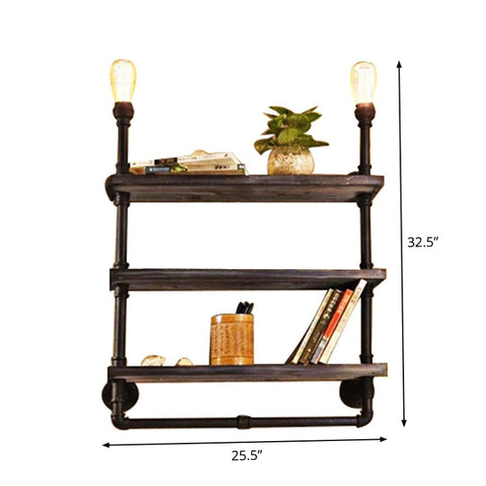 Loft Style 3-Tier Pipe Shelf Wall Lamp With Black Iron Finish And 2 Lights