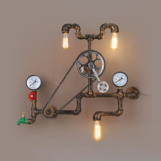 Modern Cyberpunk Iron Wall Sconce With 3 Lights Bronze Faucet Pipe Chainset Design For Garage