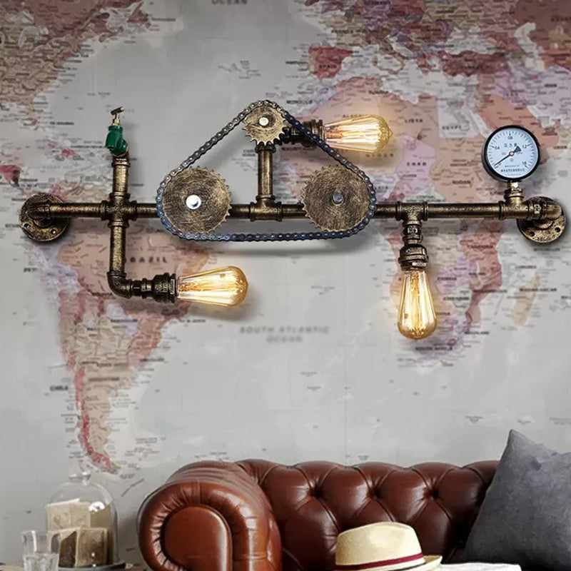 Industrial Style Wrought Iron Wall Light With 3-Bulb Water Pipe Design In Copper/Bronze