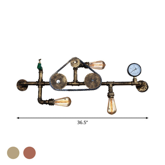 Industrial Style Wrought Iron Wall Light With 3-Bulb Water Pipe Design In Copper/Bronze