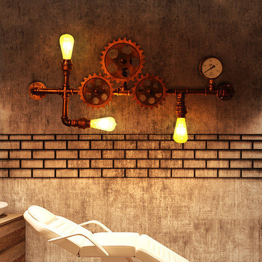 Industrial Style Wrought Iron Wall Light With 3-Bulb Water Pipe Design In Copper/Bronze