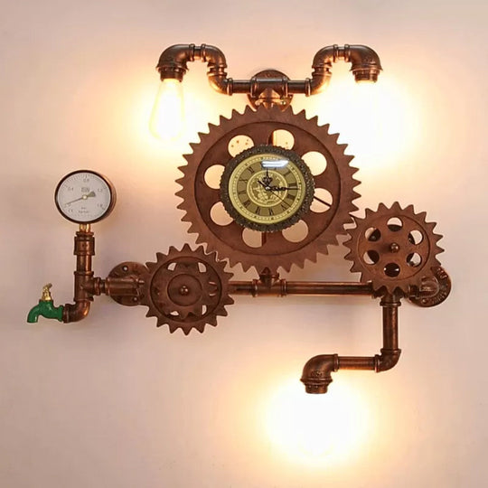 Steampunk 3-Light Wall Mount With Iron Copper Finish And Plumbing Pipe Gear Unique Lighting Idea