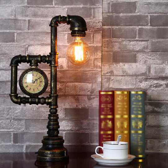 Bronze Retro Plumbing Pipe Night Light With Clock - 1 Head Iron Table Lighting For Bedroom