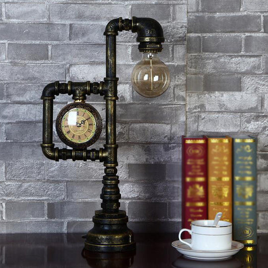 Grace - Retro Retro Plumbing Pipe Night Light 1 Head Iron Table Lighting with Clock in Bronze for Bedroom