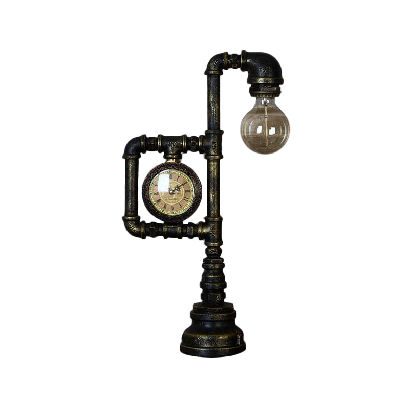 Grace - Retro Retro Plumbing Pipe Night Light 1 Head Iron Table Lighting with Clock in Bronze for Bedroom