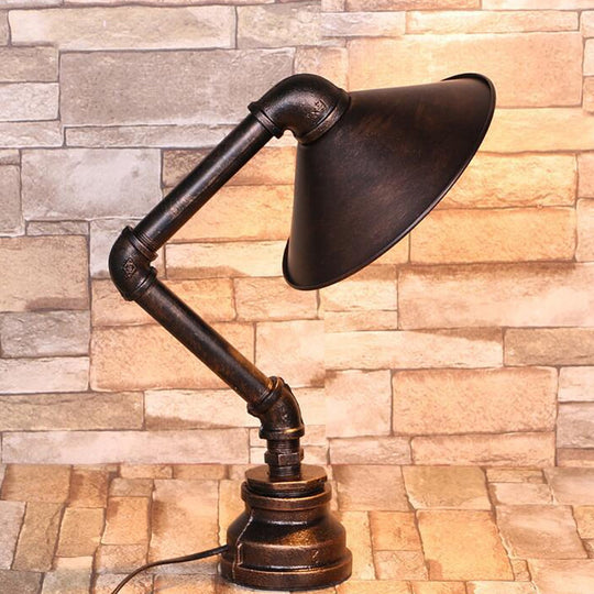 Bent Arm Industrial 1-Light Bedside Table Lamp - Conical Iron Bronze Finish