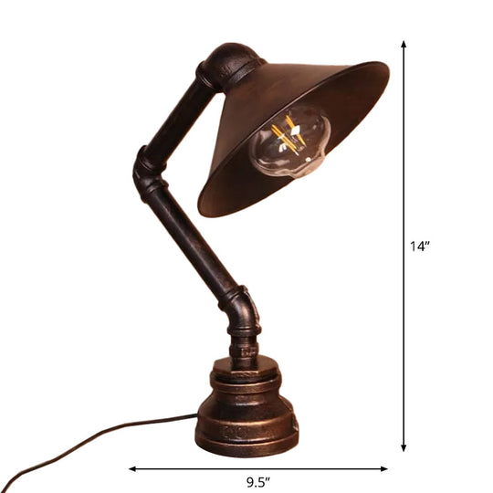 Bent Arm Industrial 1-Light Bedside Table Lamp - Conical Iron Bronze Finish