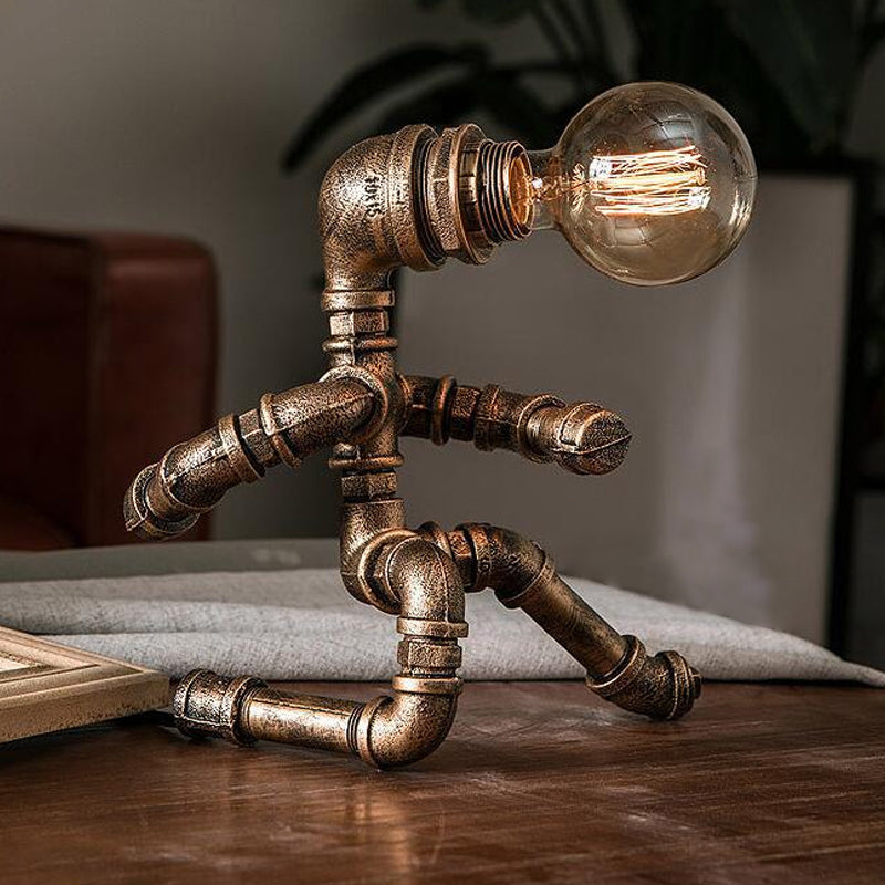 Industrial Pipe Man Night Lamp - Wrought Iron Table Light For Boys Room Brass / C