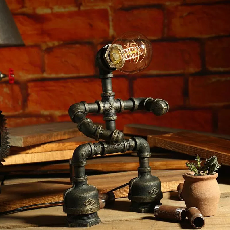 Cyberpunk Iron Pipe Robot Nightstand Lamp - Single-Bulb Brass/Copper Light For Boys Room Brass / A