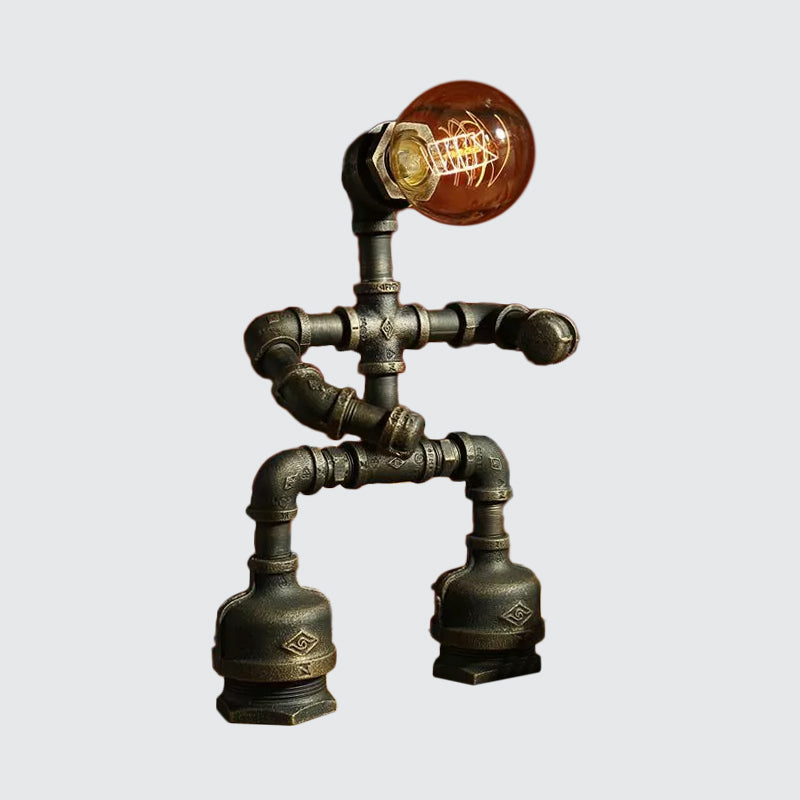 Cyberpunk Iron Pipe Robot Nightstand Lamp - Single-Bulb Brass/Copper Light For Boys Room