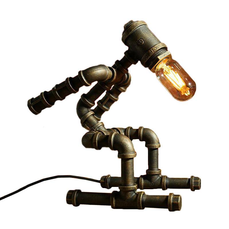 Cyberpunk Iron Pipe Robot Nightstand Lamp - Single-Bulb Brass/Copper Light For Boys Room