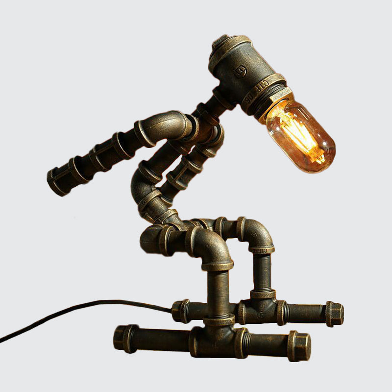 Cyberpunk Iron Pipe Robot Nightstand Lamp - Single-Bulb Brass/Copper Light For Boys Room