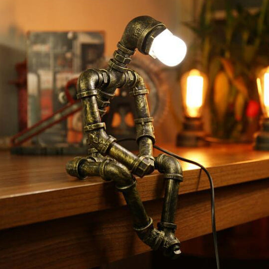 Cyberpunk Iron Pipe Robot Nightstand Lamp - Single-Bulb Brass/Copper Light For Boys Room