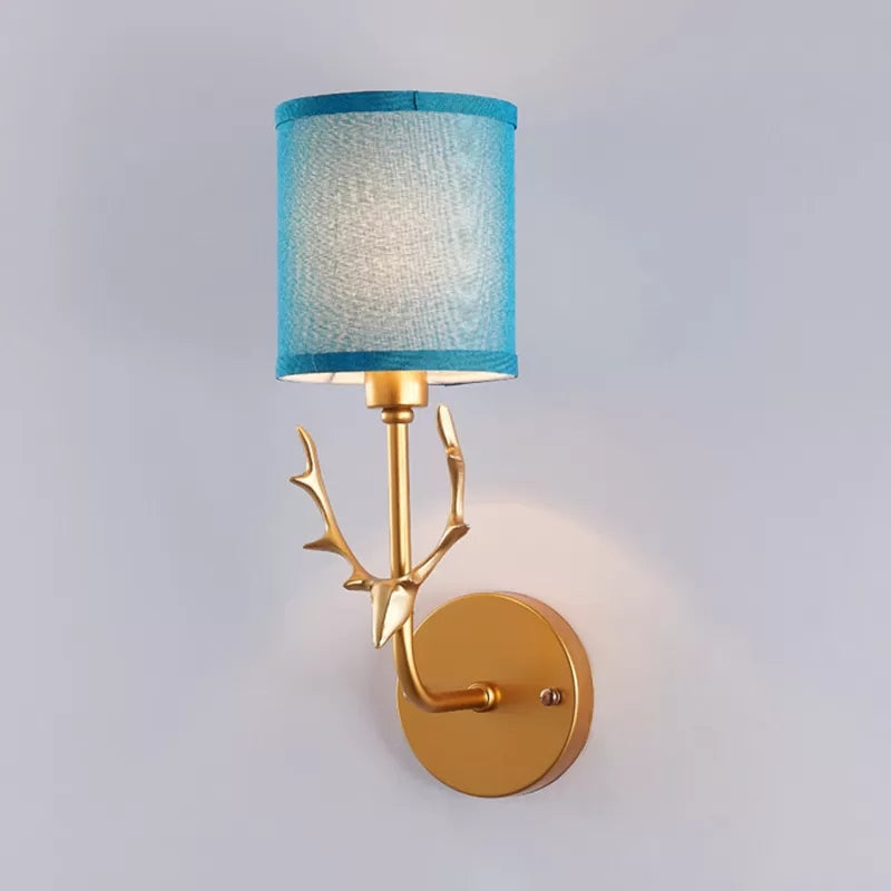 Gold Deer Wall Lamp - Rustic Metal Cylinder Shade Bedroom Lighting Blue