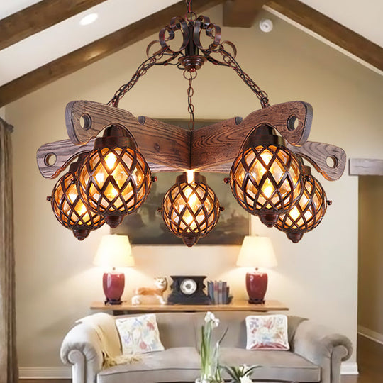 Amber Glass Globe Chandelier with Adjustable Heads in Country Style Black Pendant Light