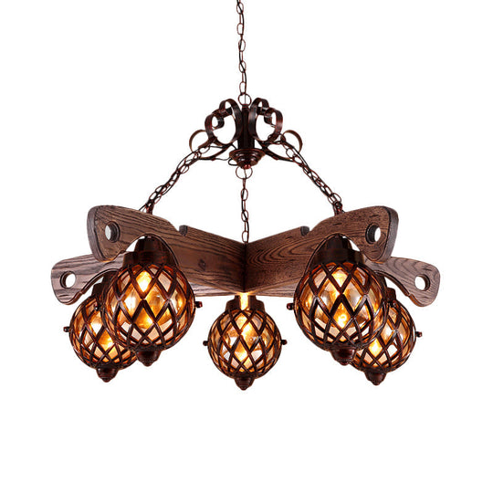 Amber Glass Globe Chandelier with Adjustable Heads in Country Style Black Pendant Light