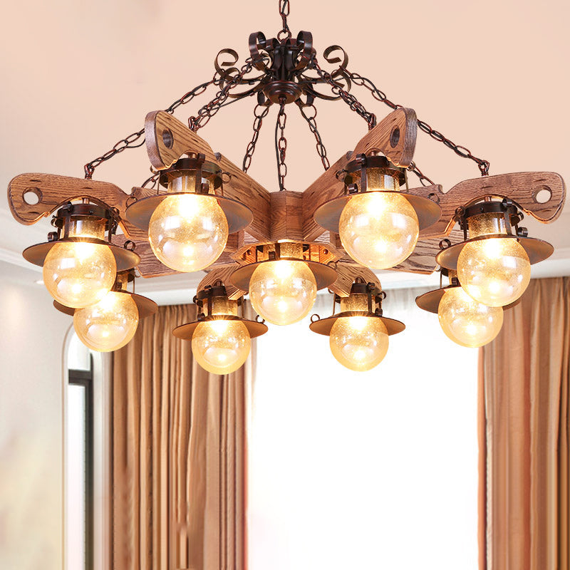 Cognac Seeded Glass Chandelier with Rustic Ball Pendant: 5/9 Lights Industrial Lighting