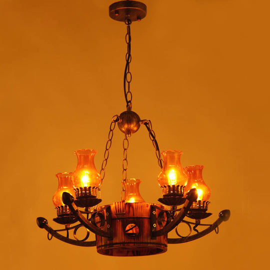 Rustic 3/5-Light Antique Chandelier with Adjustable Height and Amber Glass Oil Lamp