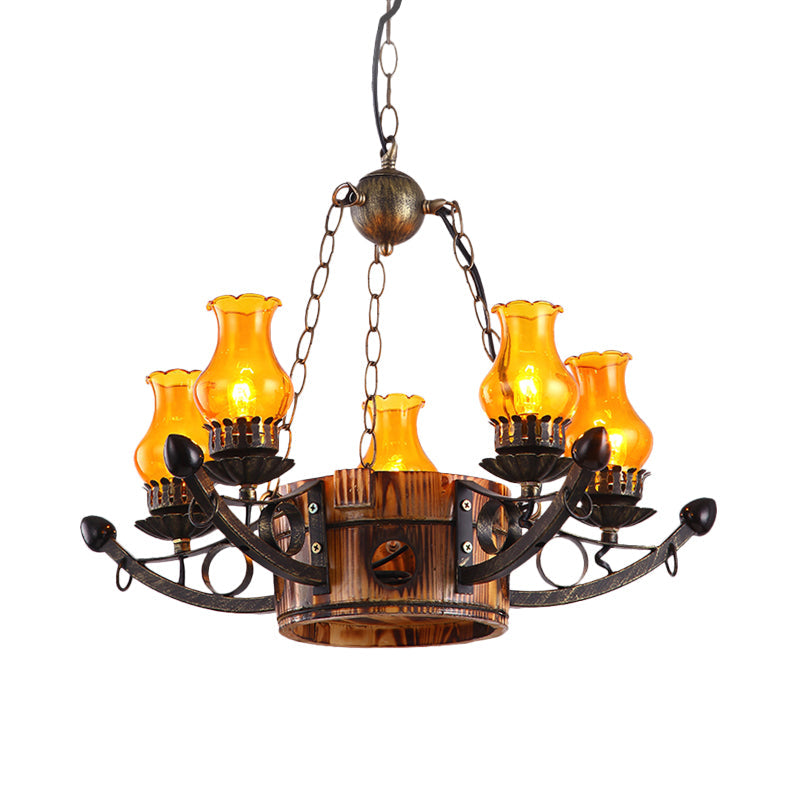 Rustic 3/5-Light Antique Chandelier with Adjustable Height and Amber Glass Oil Lamp