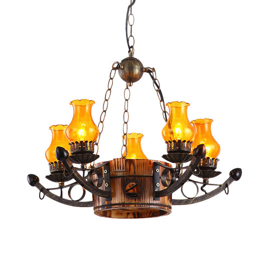 Rustic 3/5-Light Antique Hanging Chandelier With Adjustable Height Amber Glass Oil Lamp