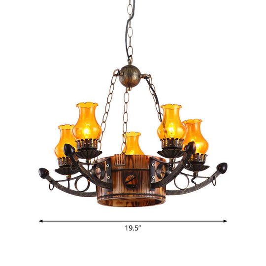 Rustic 3/5-Light Antique Hanging Chandelier With Adjustable Height Amber Glass Oil Lamp