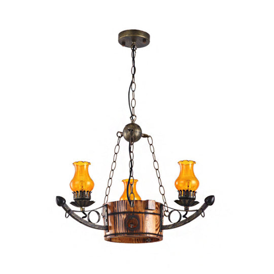 Rustic 3/5-Light Antique Chandelier with Adjustable Height and Amber Glass Oil Lamp