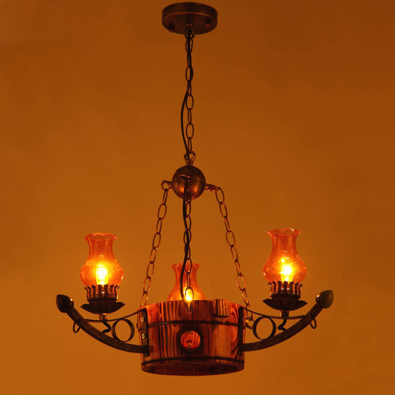 Rustic 3/5-Light Antique Chandelier with Adjustable Height and Amber Glass Oil Lamp