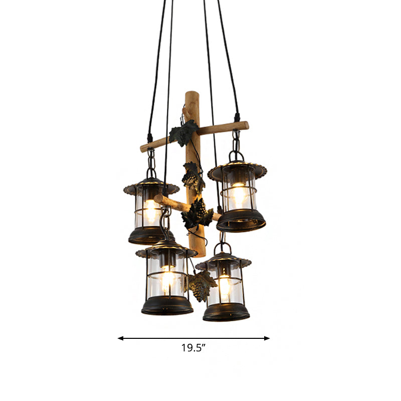 Adjustable 3/4 Lights Industrial Glass Lantern Ceiling Chandelier In Black