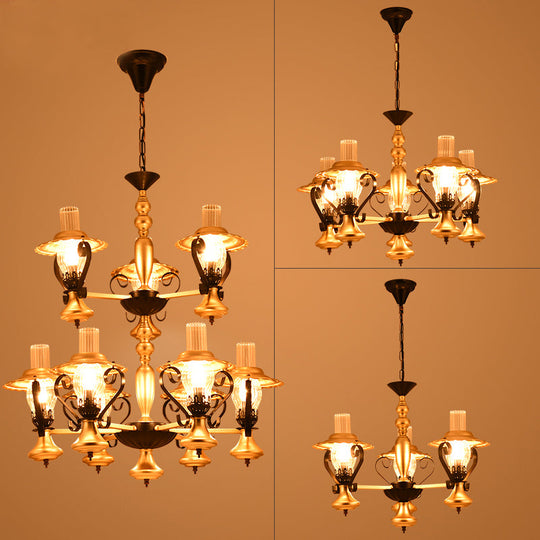 Adjustable Vintage Gold Chandelier With Metal And Glass Pendant Lamp - 3/5-Light Lantern Lighting