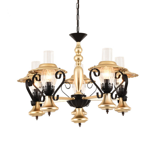 Adjustable Vintage Gold Chandelier With Metal And Glass Pendant Lamp - 3/5-Light Lantern Lighting