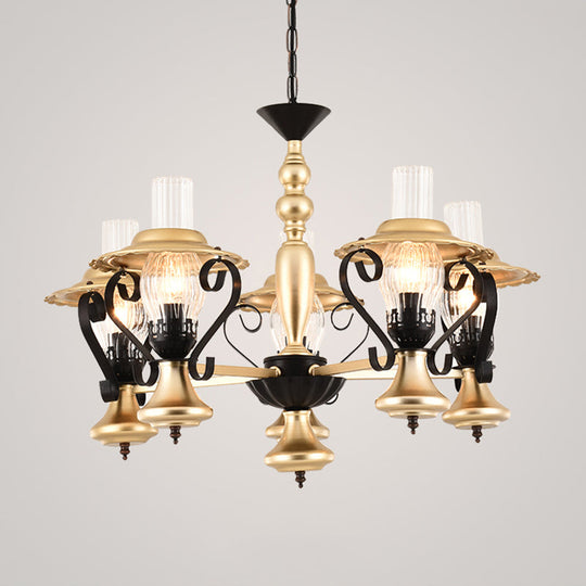 Adjustable Vintage Gold Chandelier With Metal And Glass Pendant Lamp - 3/5-Light Lantern Lighting