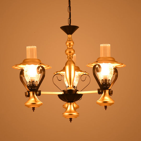 Adjustable Vintage Gold Chandelier With Metal And Glass Pendant Lamp - 3/5-Light Lantern Lighting