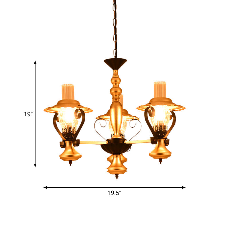 Adjustable Vintage Gold Chandelier With Metal And Glass Pendant Lamp - 3/5-Light Lantern Lighting