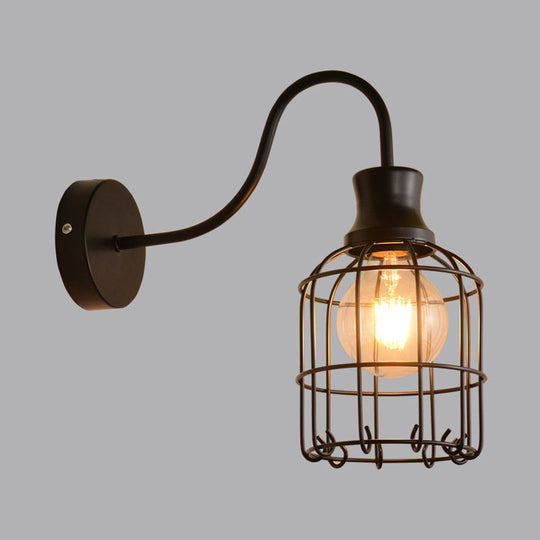 Vintage Metal Bird Cage Wall Mount Sconce With Gooseneck Arm - Black