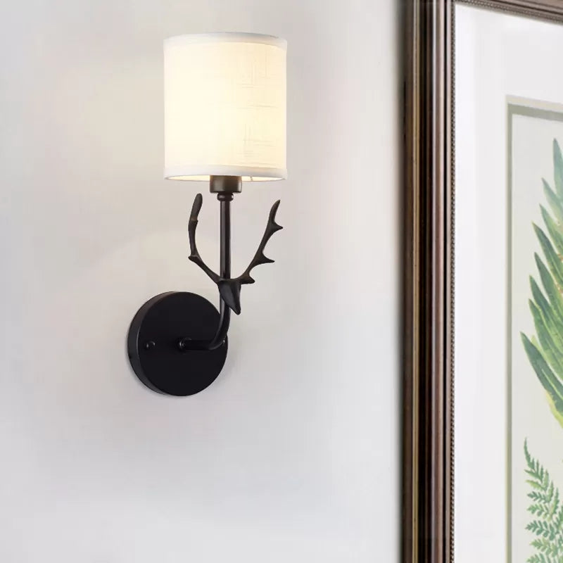 Rustic Metal Wall Lamp With Cylinder Shade Black Deer 1 Light For Balcony White