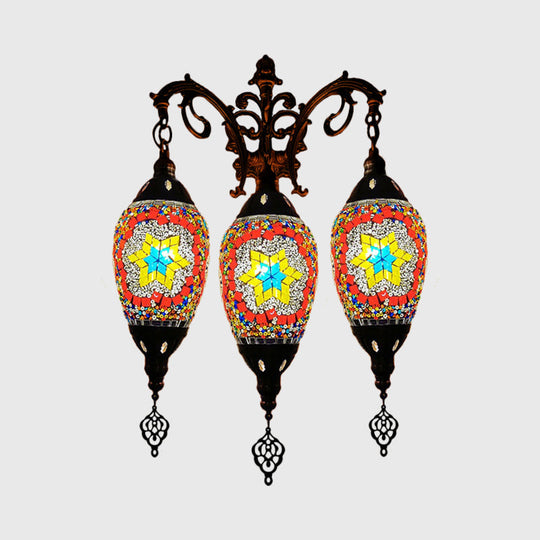 Oval Wall Mounted Lamp: Traditional Stained Art Glass Sconce Light - 3 Heads In White/Red/Light Blue