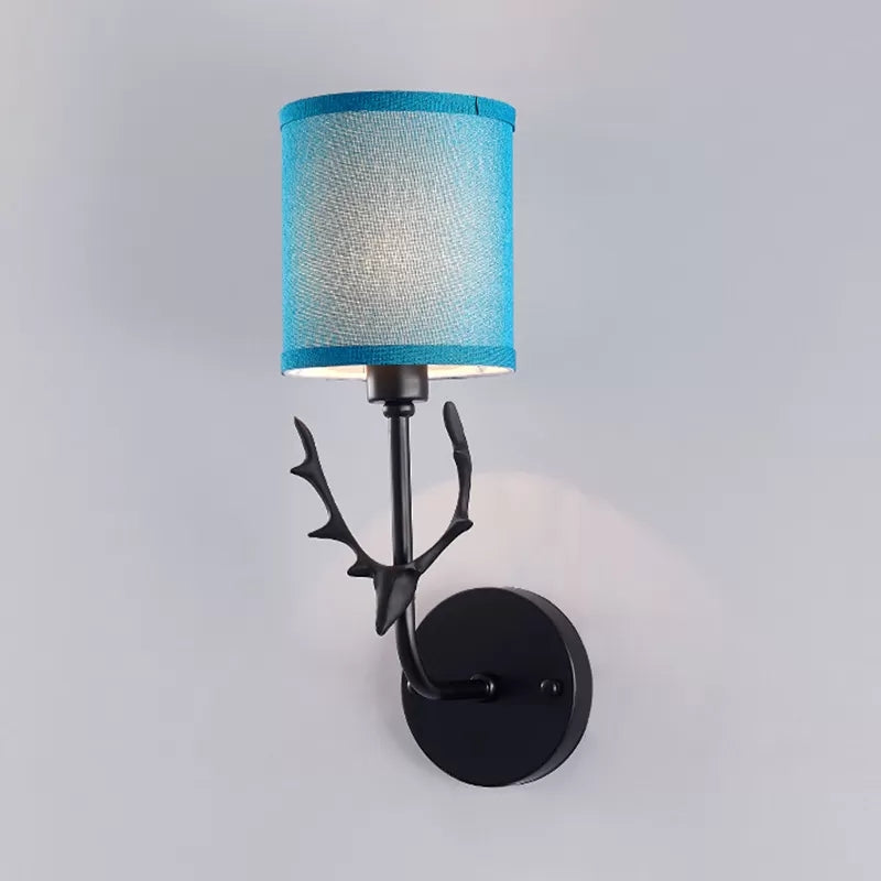 Rustic Metal Wall Lamp With Cylinder Shade Black Deer 1 Light For Balcony Blue