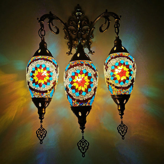 Oval Wall Mounted Lamp: Traditional Stained Art Glass Sconce Light - 3 Heads In White/Red/Light Blue