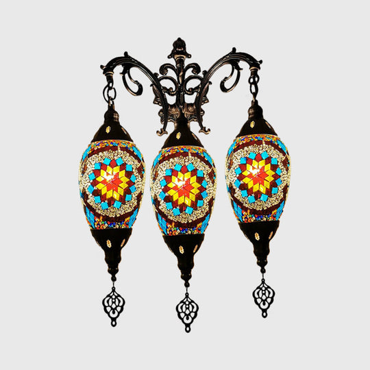 Oval Wall Mounted Lamp: Traditional Stained Art Glass Sconce Light - 3 Heads In White/Red/Light Blue