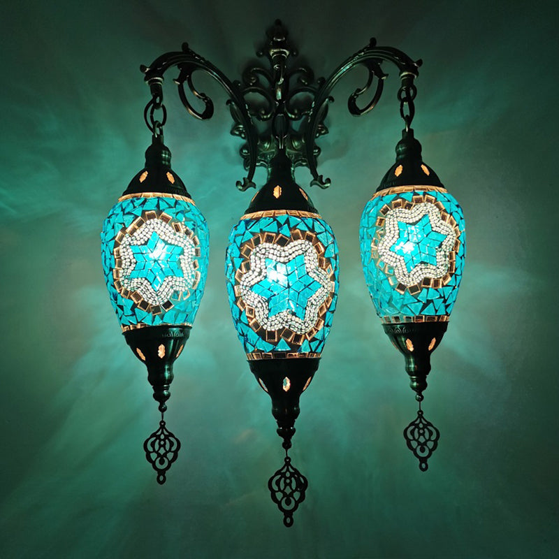 Oval Wall Mounted Lamp: Traditional Stained Art Glass Sconce Light - 3 Heads In White/Red/Light Blue