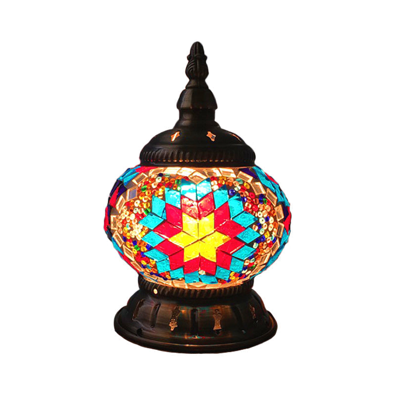 Traditional Red/Orange/Light Blue Stained Glass Nightstand Lamp For Bedroom