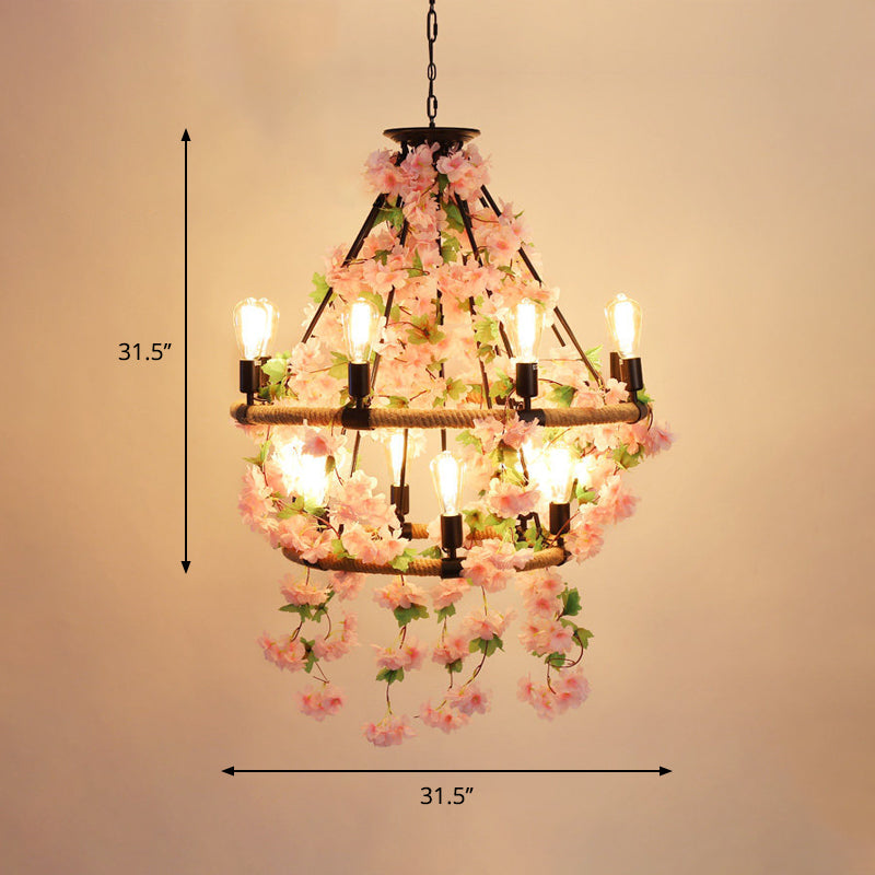 Industrial Metal Pendant Chandelier with Flower Decoration - 6/8/14-Head Pink Ceiling Light