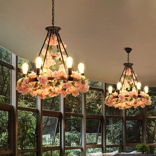 Industrial Metal Pendant Chandelier with Flower Decoration - 6/8/14-Head Pink Ceiling Light