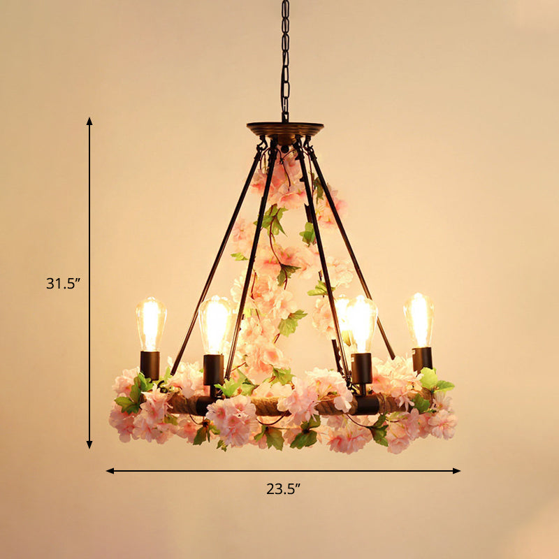 Industrial Metal Pendant Chandelier With Pink Flower Decoration - 6/8/14 Head Design For Restaurant