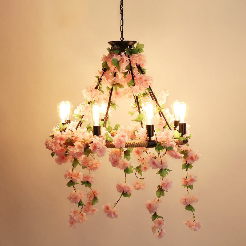 Industrial Metal Pendant Chandelier with Flower Decoration - 6/8/14-Head Pink Ceiling Light