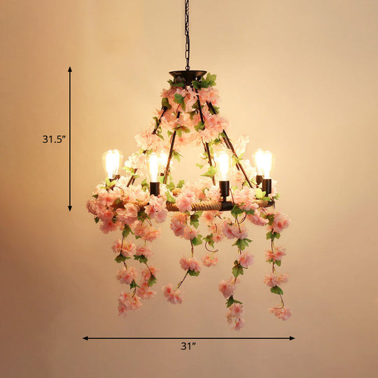 Industrial Metal Pendant Chandelier with Flower Decoration - 6/8/14-Head Pink Ceiling Light