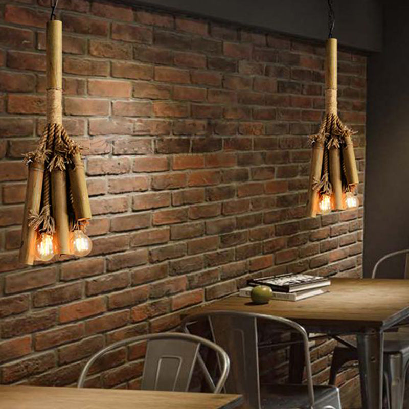 Bamboo Pendant Chandelier Light With 3 Open Bulb Design For Restaurant And Warehouse In Brown