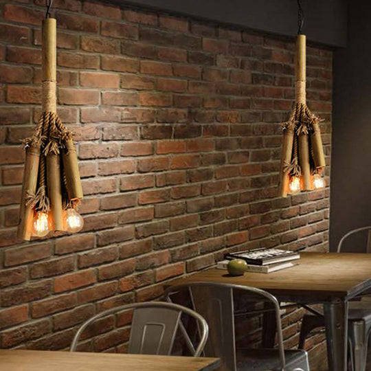 Bamboo Pendant Chandelier Light With 3 Open Bulb Design For Restaurant And Warehouse In Brown